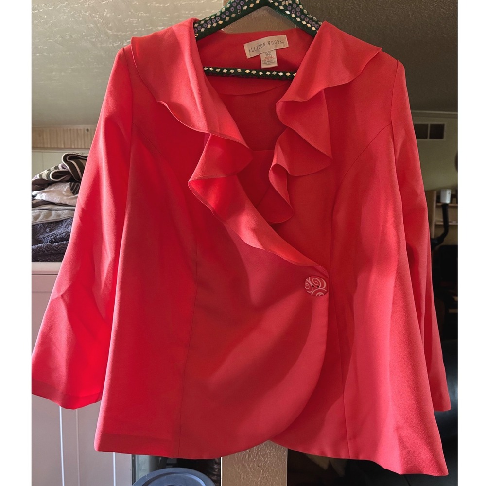 Allison Woods Coral Pink Ruffle Skirt Suit Set Women's 2PC Jacket Skirt